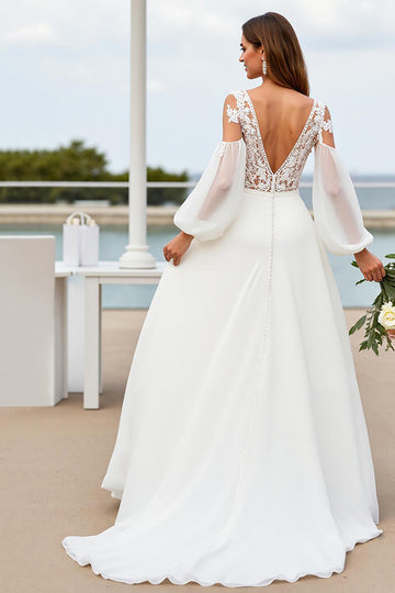 Ivory A Line Long Sleeve Wedding Dress with Appliques